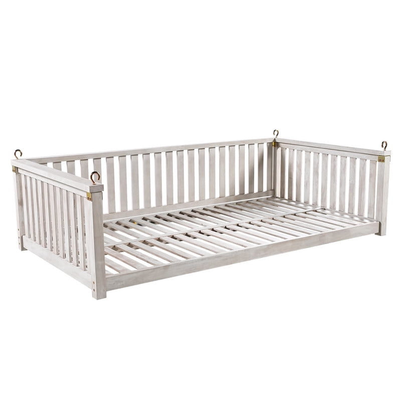 Patio Twin Size Garden Swing Bed, Wooden Porch Swing Frame with Ropes, Outdoor Hanging Swing for Garden, Backyard, Patio, Safe Sloped Design