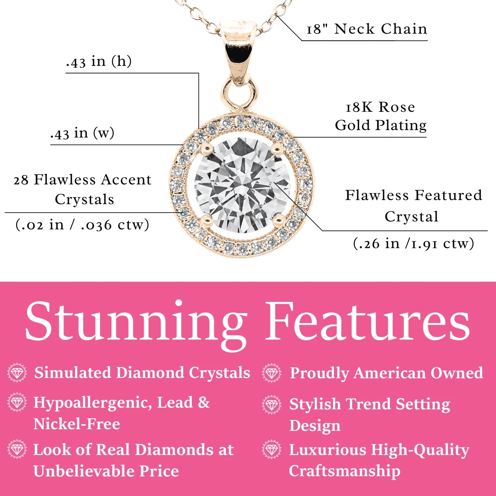 Cate & Chloe Blake 18k Rose Gold Plated Halo Necklace with Simulated Diamond Crystals for Women