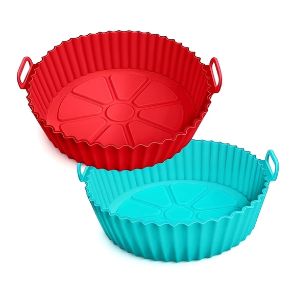 2 Pack Air Fryer Silicone Liners for 3-5 QT, Reusable Basket Bowl Baking Tray, Replacement for Parchment Paper, Oven Accessories - Red & Blue, Top 8" Bottom 6.75"
