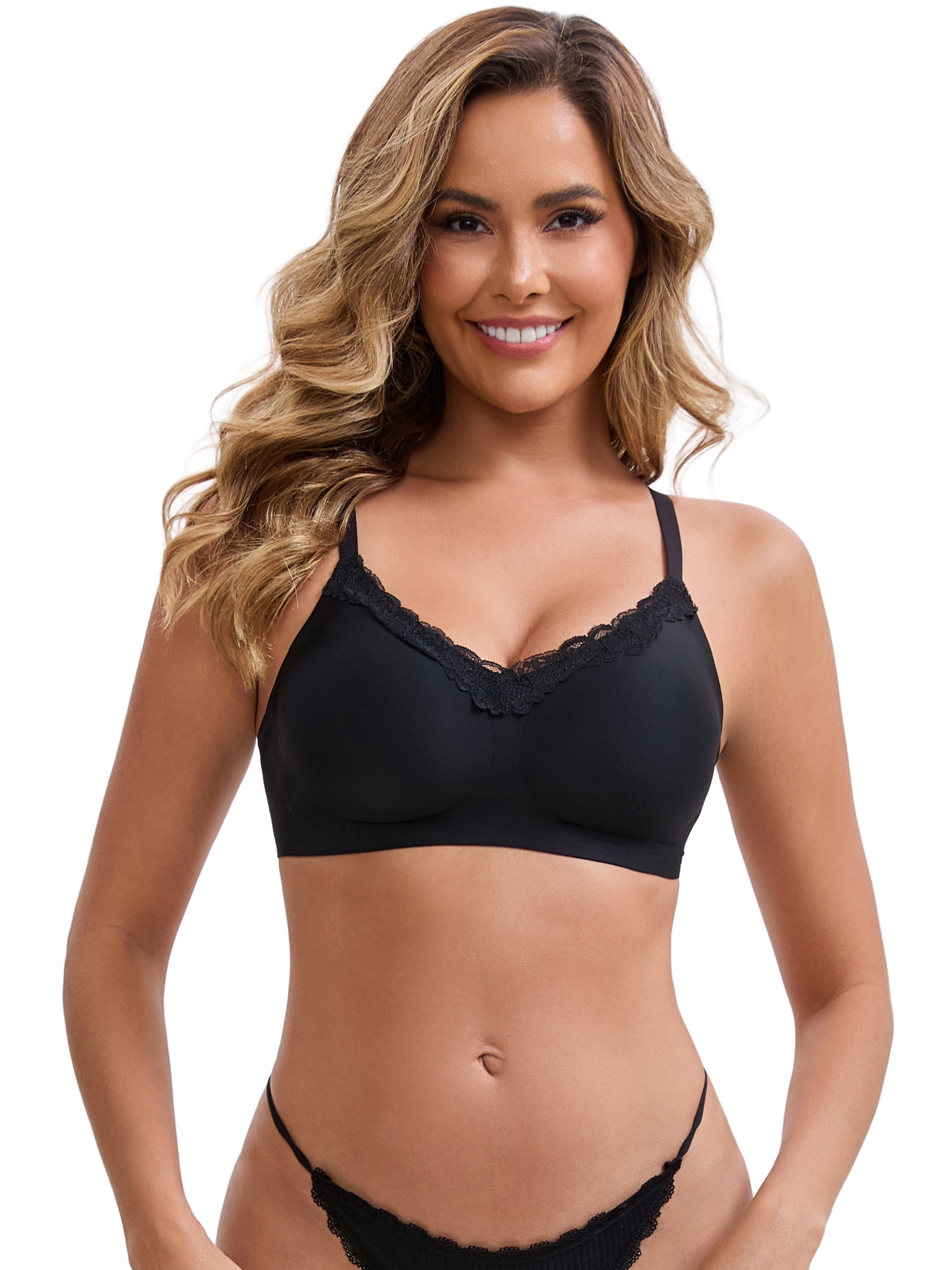 DARING DIVA Lace Trim V-Neck Wireless Bra Adjustable Spaghetti Straps Lift Up XL Black