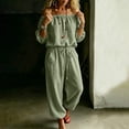 thumbnail image 6 of Women Solid Linen Cotton off the Shoulder Jumpsuit, 3/4 Sleeve Elastic Waist Cuffed Capri Rompers with Side Pockets Summer Beach Vacation Casual One Piece Outfit Green XL(XL), 6 of 6