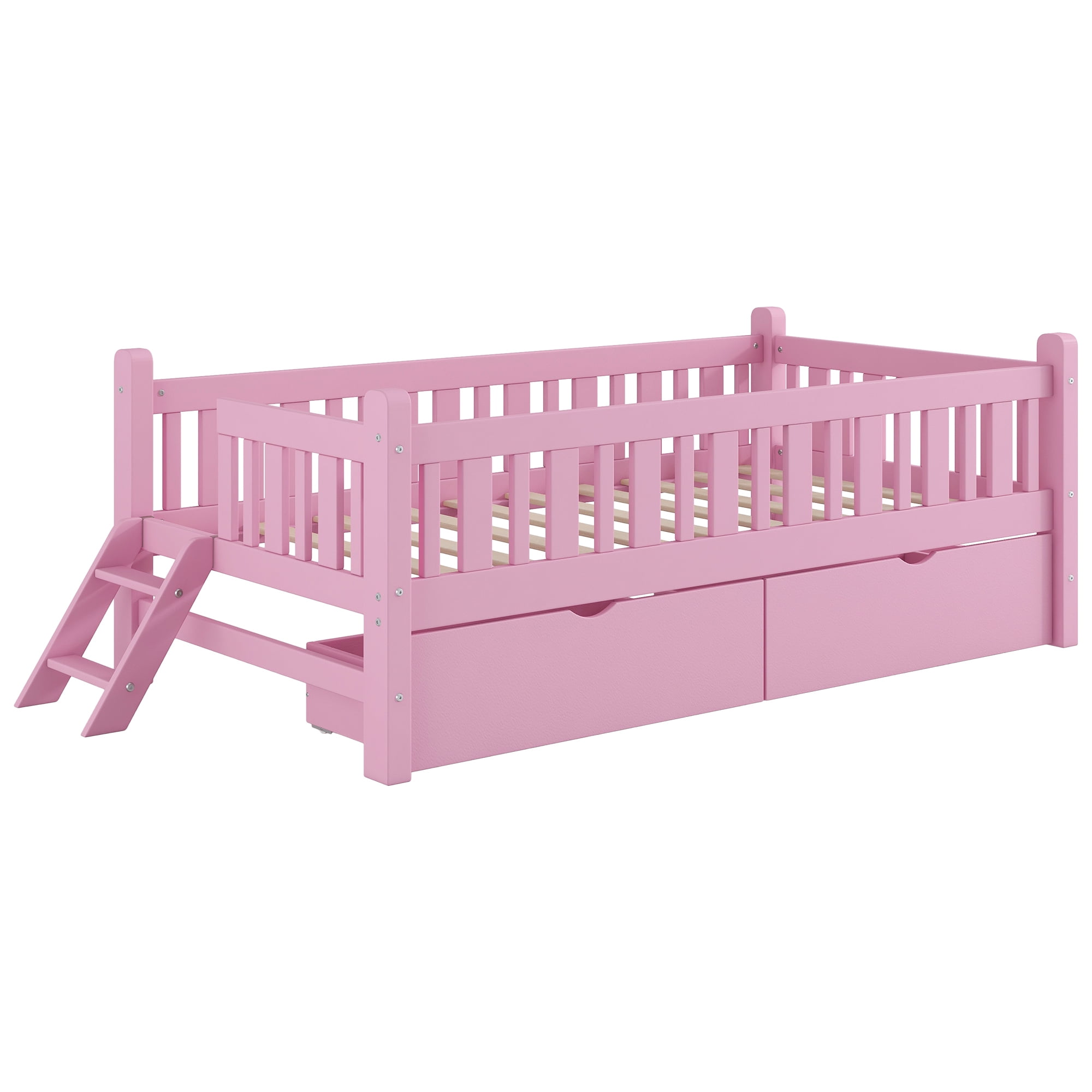 Euroco Wood Twin Size Platform Bed with 2 Drawers and Ladder for Kids and Toddlers, Pink