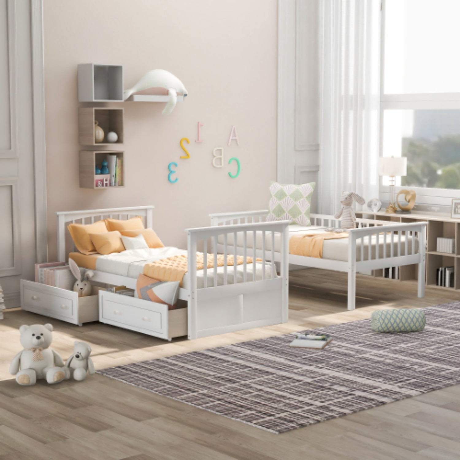 Twin Over Twin Bunk Bed with Storage Drawers, Convertible Wood Bunk Bed with Safety Guardrails, Solid Pine Wood Kids Bed Frame for Bedroom, White