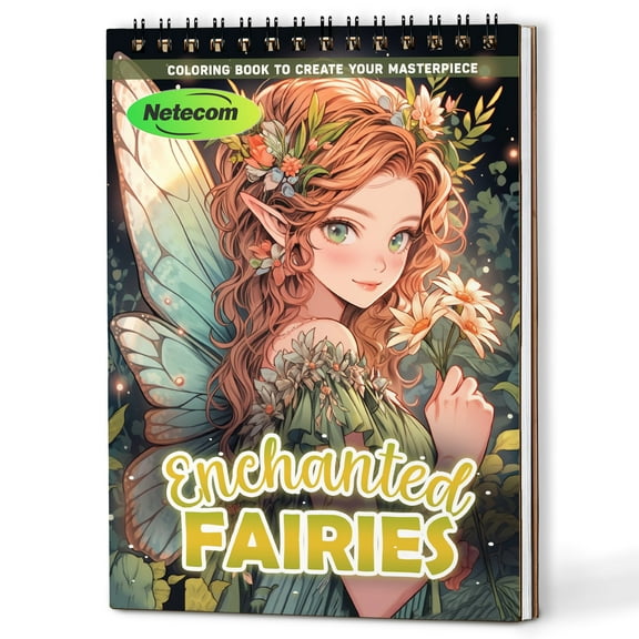 Netecom Enchanted Fairies Coloring Book Spiral Bound For Adults, A5 Wooden Cover, 30 Dreamy Coloring Pages of Fairies and Magical Landscapes for Stress Relief and Relaxation