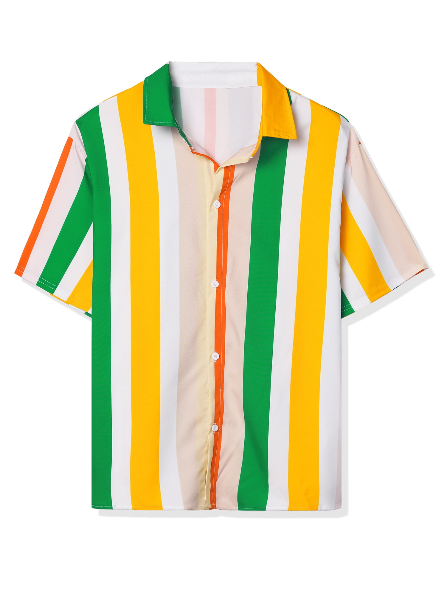 Unique Bargains Men's Summer Striped Shirt Short Sleeve Button Down Beach Shirts XL Pink Green Orange