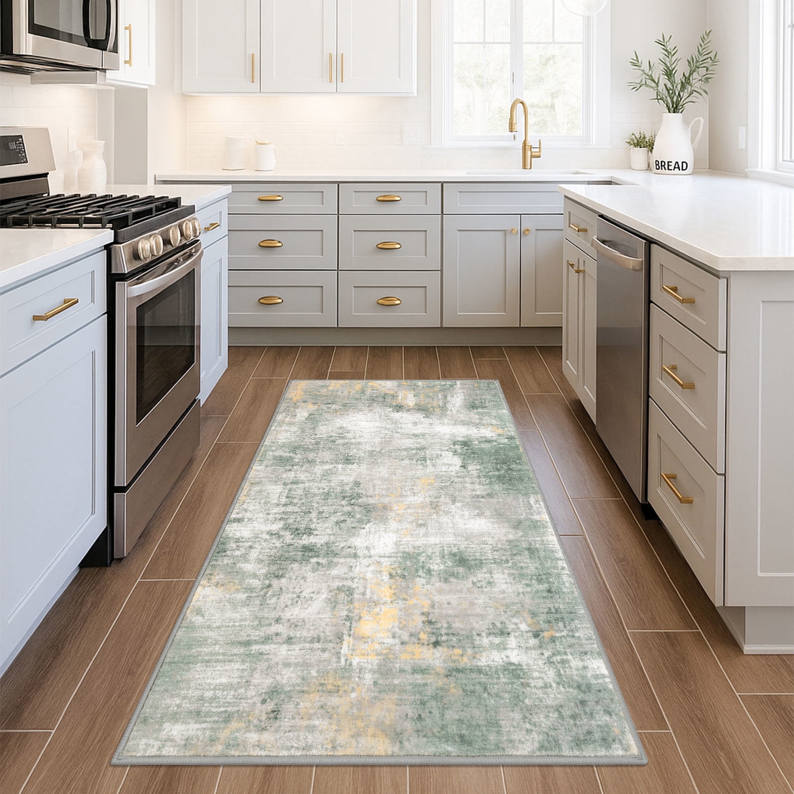 iOhouze Washable Rugs 3x5 ft Entryway Rugs Abstract Non Slip Area Rug Printed Faux Wool Soft Kitchen Rugs Indoor Rugs for Entrance Foyer Living Room Bedroom, Light Green/Gray/Orange