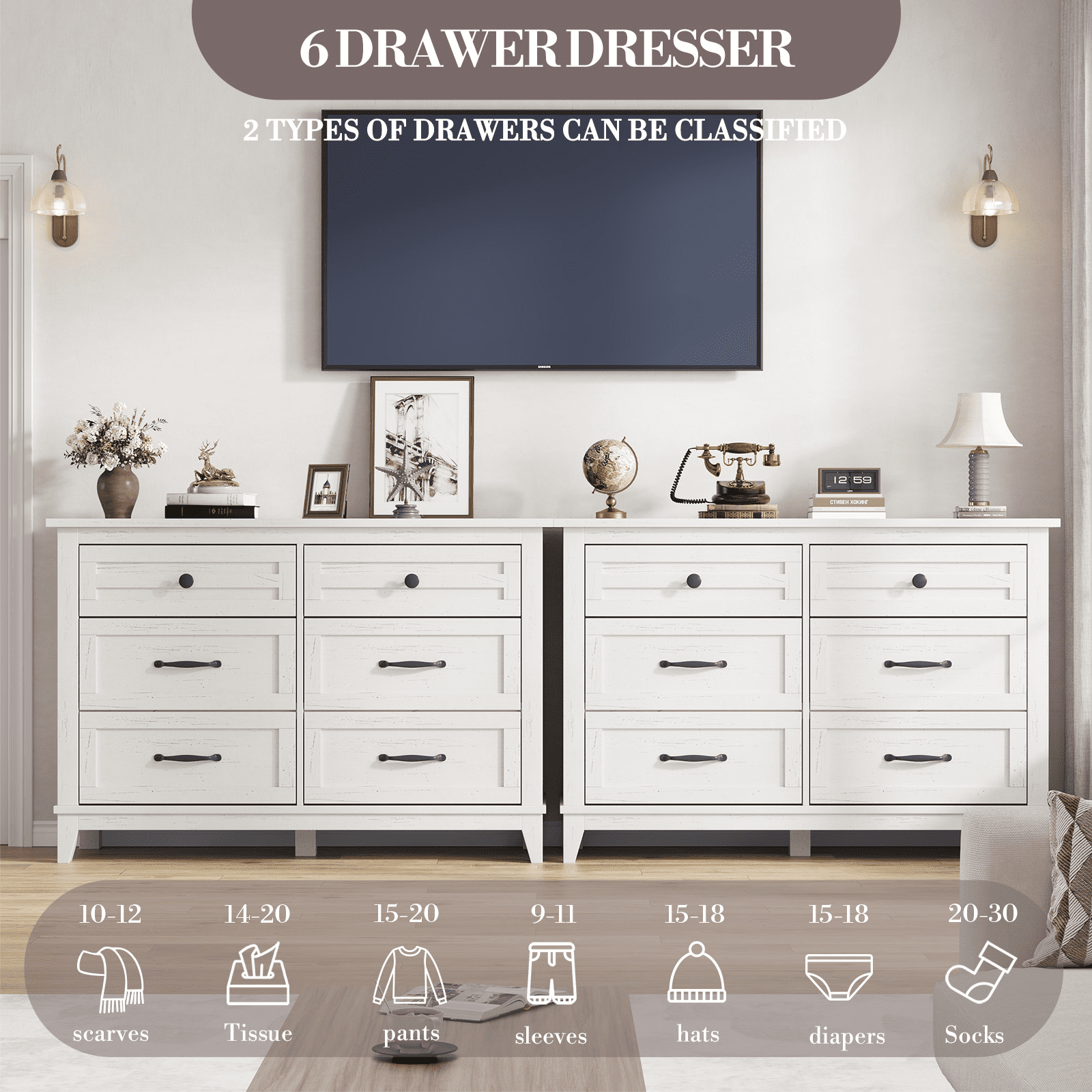 Towallmark 47" Wide Dressers for Bedroom 6 Drawers Wooden Dresser Storage Chest of Drawers for Living Room,Entryway,White