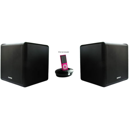 iFinity Wireless Indoor/Outdoor Speaker - Set with 2 speakers, 2 x 80 Watts, very heavy duty speakers, water resistant, up to 600 ft range, better-than Bluetooth Digital Wireless, with iPhone cradle