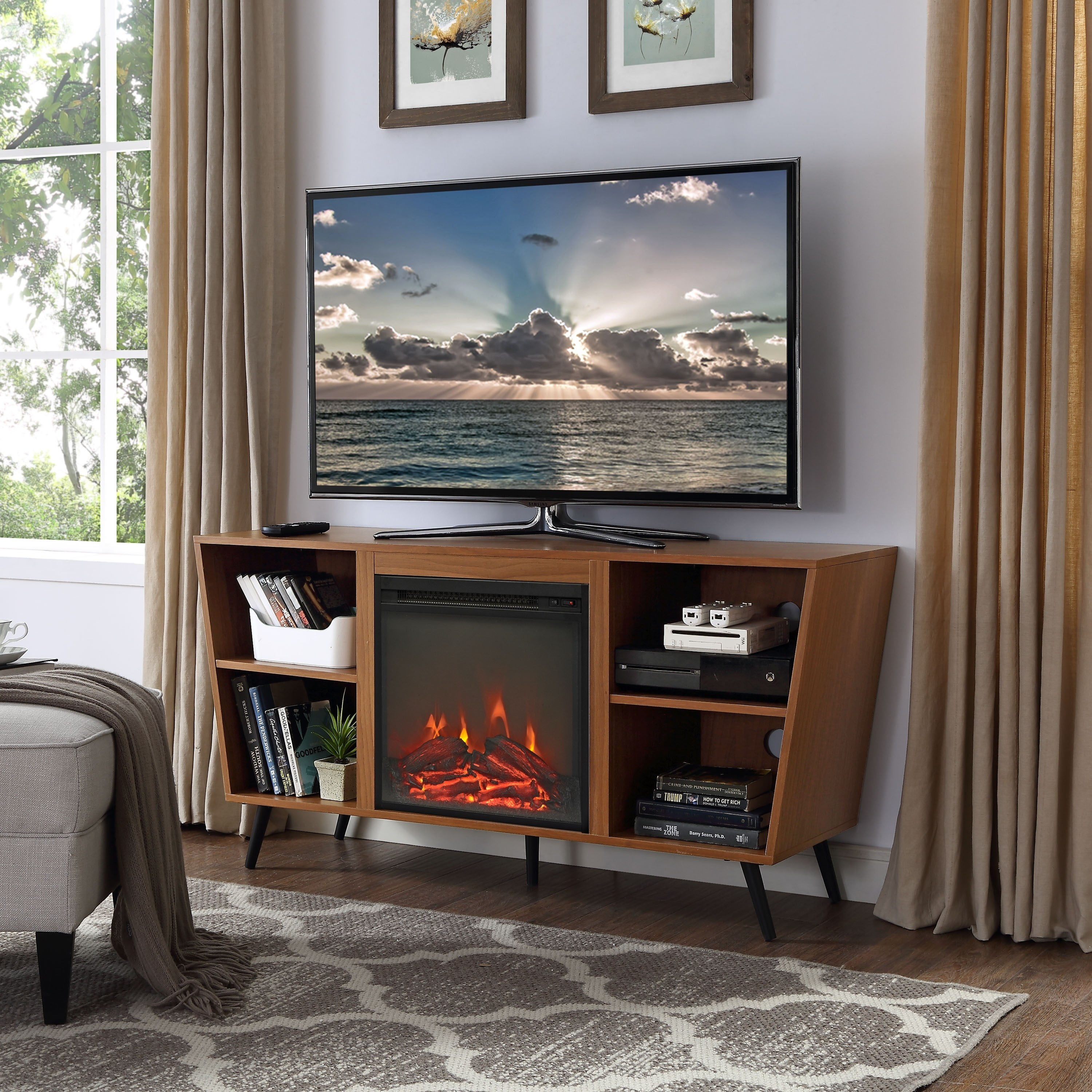 Mid-Century Modern 52-inch Angled Side Fireplace TV Stand ...