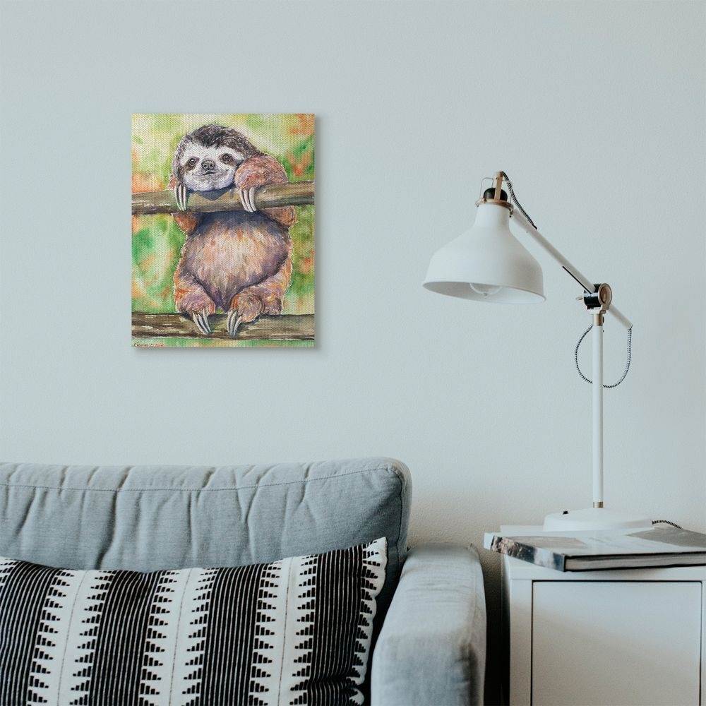 Stupell Industries Sloth Animal Green Orange Watercolor Painting Canvas Wall Art by George Dyachenko