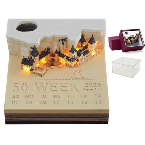Calendario de escritorio 3D Creative Time Piece 2026, castillo mágico con luces LED, bloc de notas desprendible, tallado en papel, arte artesanal, regalo para Navidad