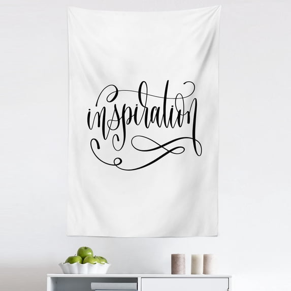 Sayings Tapestry, Divine Muse Comes for the Best Things Joyful Hand Written Illustration, Fabric Wall Hanging Decor for Bedroom Living Room Dorm, 5 Sizes, White and Charcoal Grey, by Ambesonne