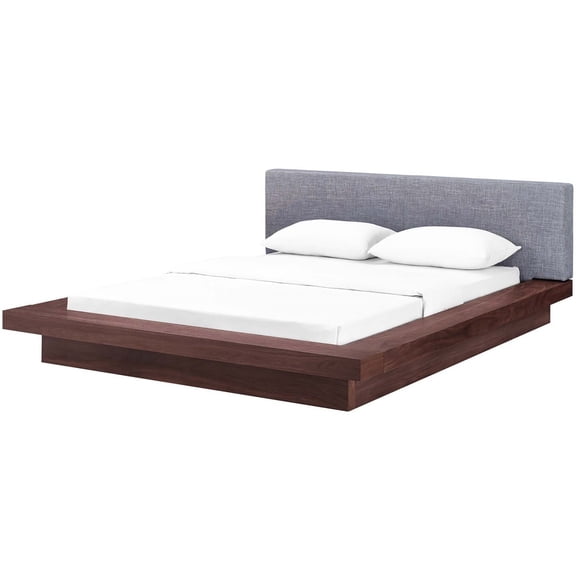 Platform Bed Frame, Queen Size, Walnut Gray, Fabric, Bedroom, Modern Contemporary HB35072