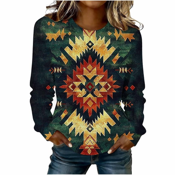 Women's Fashion Western Print Sweatshirt, Retro Casual Loose Fit Long Sleeve Tee, Round Neck Pullover Top, Soft Comfortable Daily Wear Blouse for Spring Outings