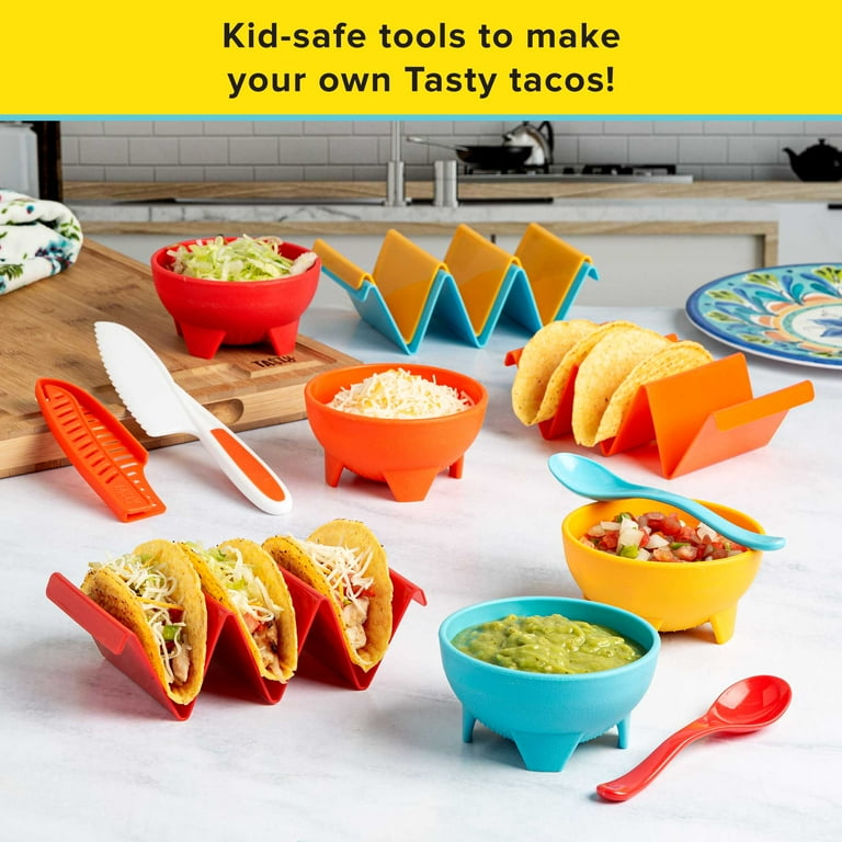 Tasty Kits Taco Gadget Set, Includes 4 Taco Holders, 4 Bowls, 2 Spoons,  Plastic Knife with Sheath, Multi-color, 12 Piece 