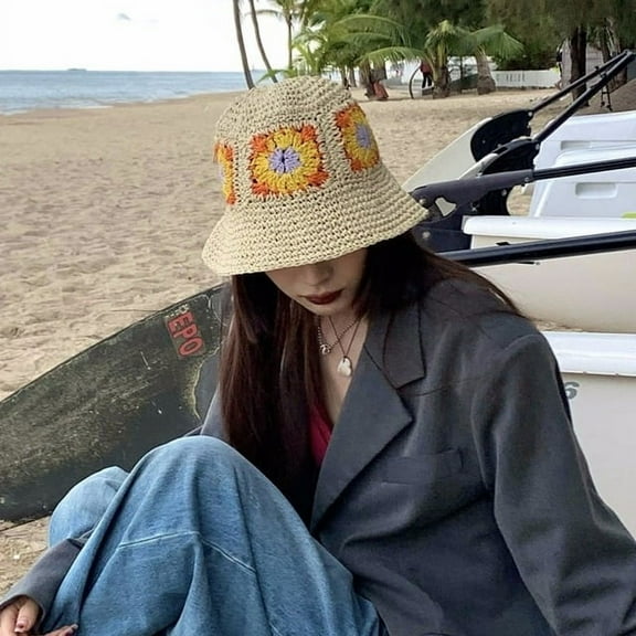 YooGuoGuo Japan Korea Crochet Beach Straw Hat Women Summer Flowers Pure Hand-woven Hat Sunshade Fisherman Hat Breathable Bucket Hat