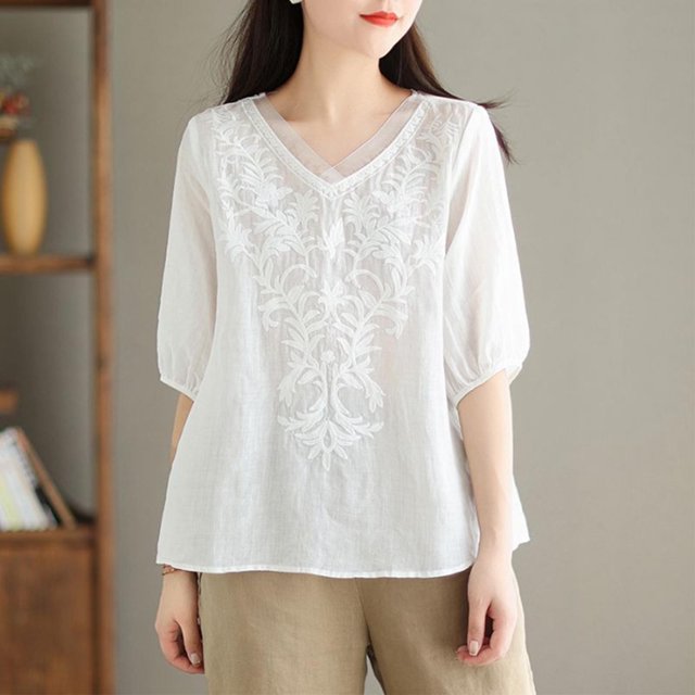 Haut Décontracté à Col en V pour Femmes, Manches Courtes, Polyester Doux, Chemise Imprimée, Usage Quotidien, Blouse Polyvalente, Confortable pour le Travail, la Maison, les Vacances
