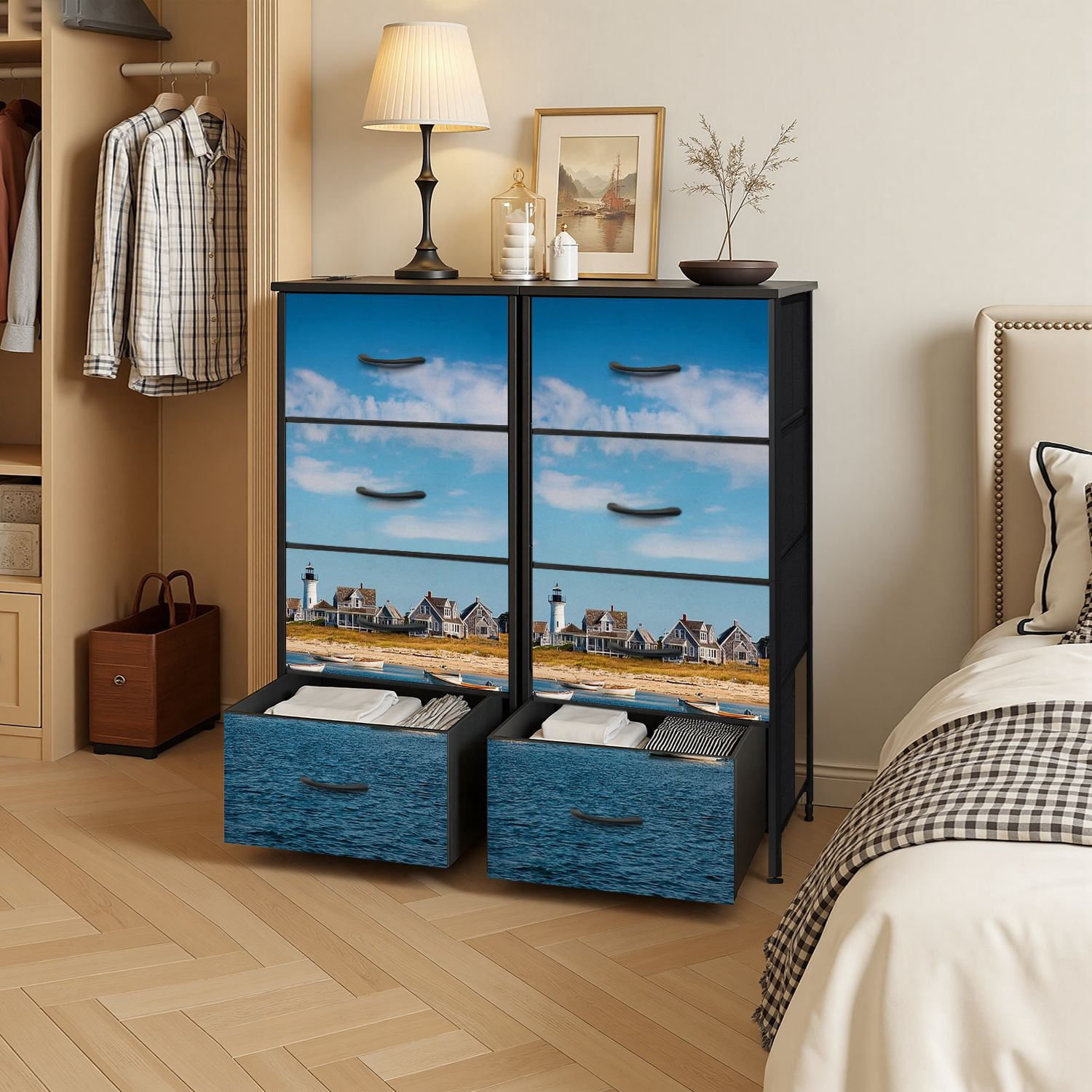 4 Drawer Vertical Storage Dresser Cape cod houses by sea with Wood Top Fabric Pull Drawers