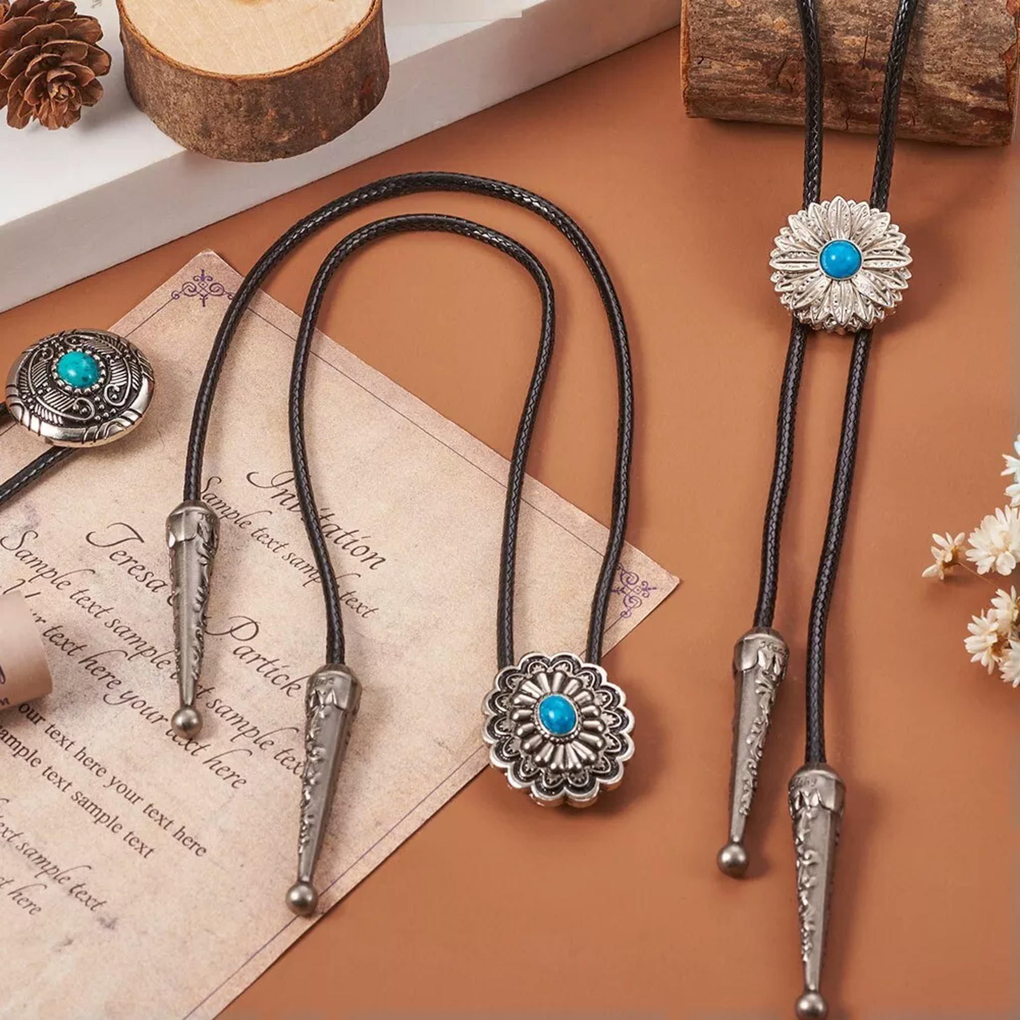 U8MO Zinc Alloy Buttons Cord End Braided Cowhide Cord DIY Flower Bolo Tie Making Kit