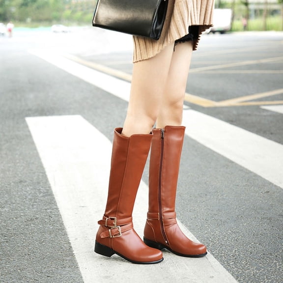 Tejiojio Fall Clearance Knight Boots Womens Comfortable Lowheeled Solid Color Long Boots With Belt Buckle High Boots