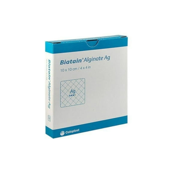 Coloplast Biatain Alginate Ag (Silver) Antimicrobial Wound Dressing, 4" x 4" (10x10cm), Highly Absorbent Gelling Fiber for Exudate Management, Sterile, 10 Count