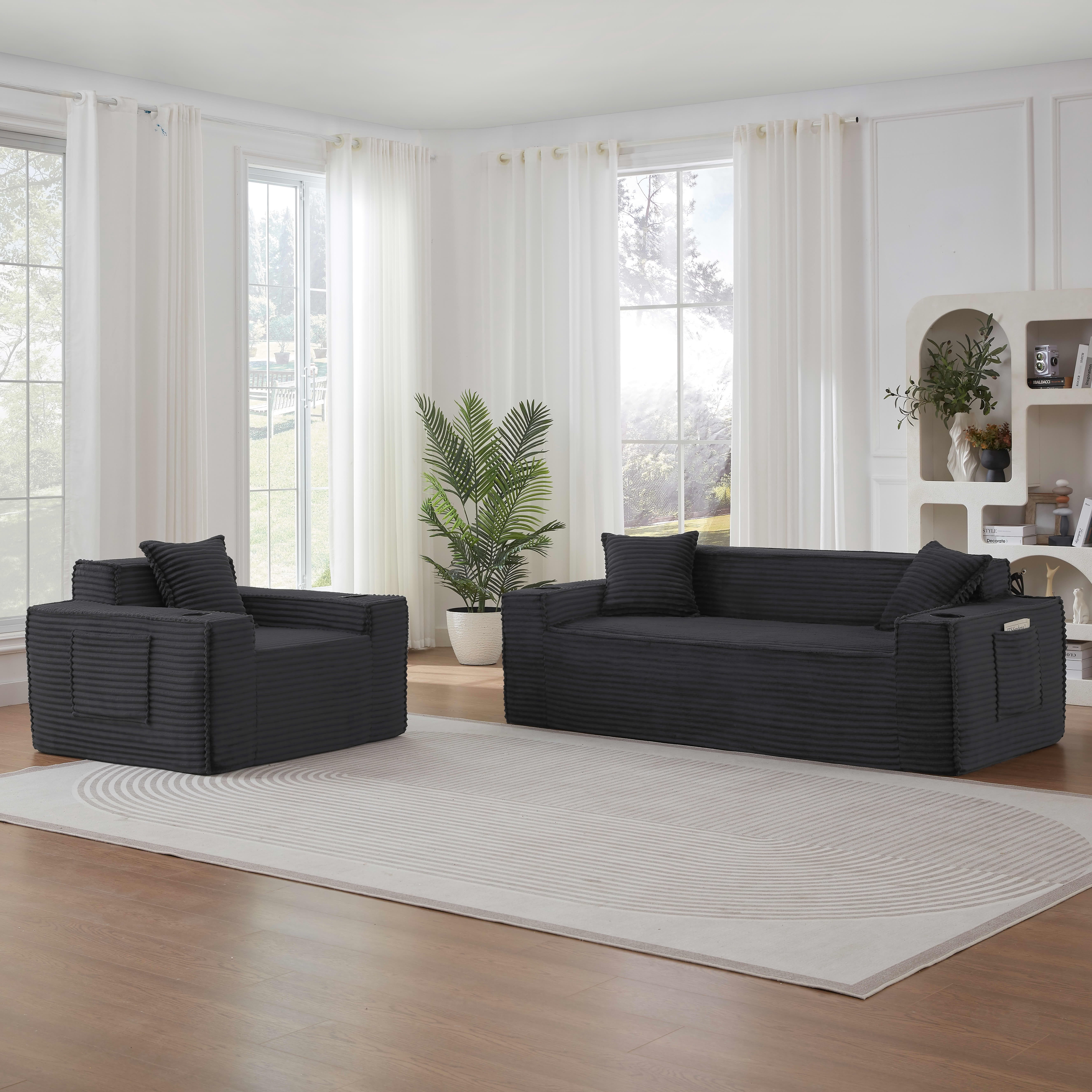 MAYEERTY Modern Minimalist Corduroy Couch with Side Pockets & Cup Holders, Space-saving for Apartments/Offices, Gray