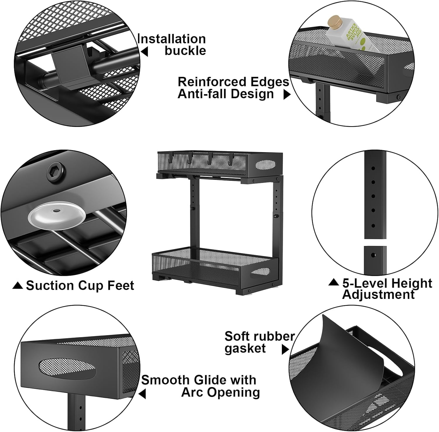 2 Pack Under Sink Organizer and Storage, 2 Tier Pull Out Sliding Cabinet Shelf, 5-Level Height Adjustable Thickened Carbon Steel Storage Rack for Kitchen Bathroom Cabinet, Black