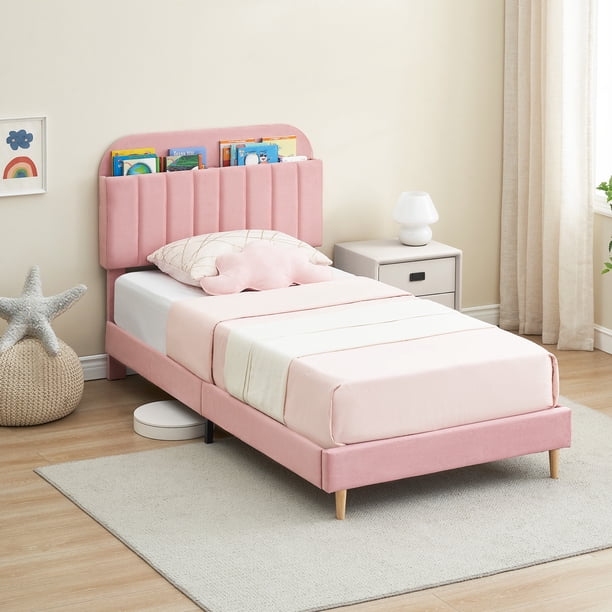 Yeshouse Cama de terciopelo con plataforma, cabecero con espacio de almacenaje y librería, estructura tapizada con listones de madera y patas de metal, fácil de montar y silenciosa