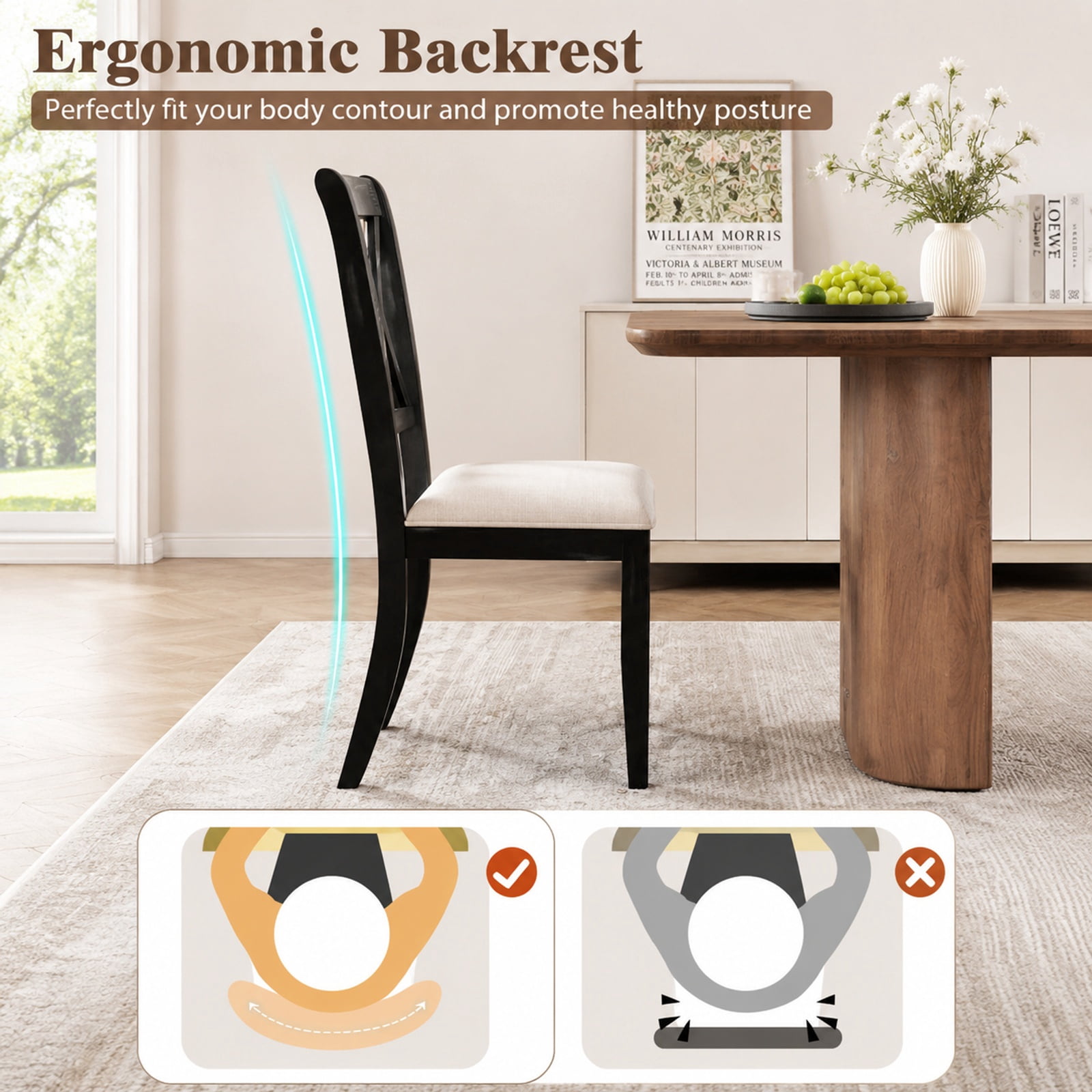 Furnibear Upholstered Dining Chairs Set of 2 Kitchen Side Chairs with Curved Cross Back and Natural Rubber Wood Legs for Dining Room, Beige