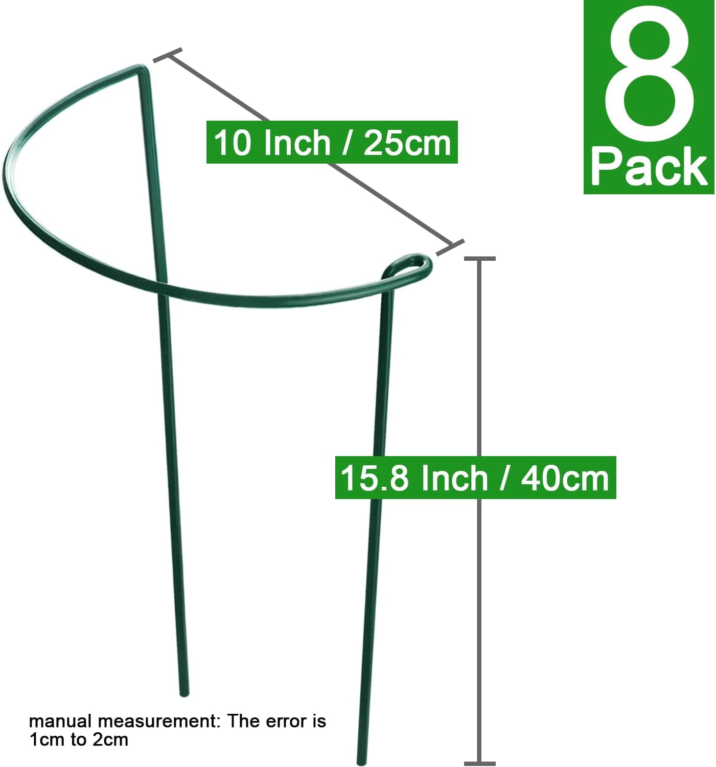 8 Pack Plant Support Stakes, Half Round Metal Garden Plant Stake Indoor Peony Cages and Supports, Green Plant Support Ring Border for Tomato,Hydrangea,Flower Outdoor (10" Wide x 15.8" High)