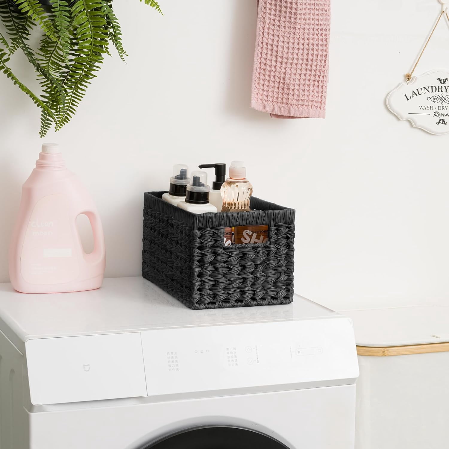 GRANNY SAYS Wicker Storage Baskets for Shelves, Waterproof Woven Baskets for Organizing, Hand Woven Rectangle Basket for Pantry, Black, 2-Pack