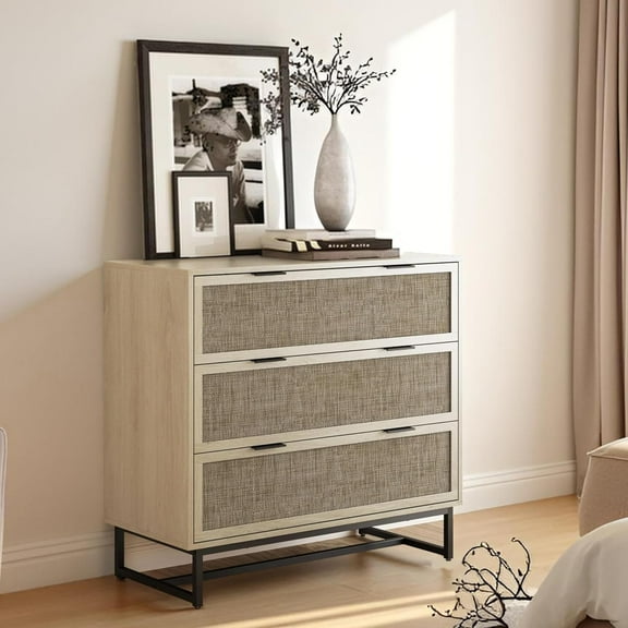 Rattan Dresser for Bedroom, 37.2" Wide 3 Drawer Dresser with Metal Handles, Wood Storage Chest of Drawers for Living Room and Hallway, Natural