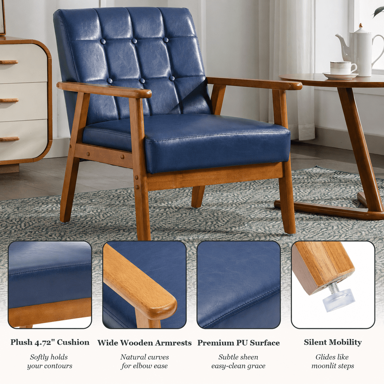 MOONMISS Accent Chair Set of 2,Mid Century Modern PU Armchair with Wood Frame for Living Room Bedroom Study Room Easy Assembly,Navy