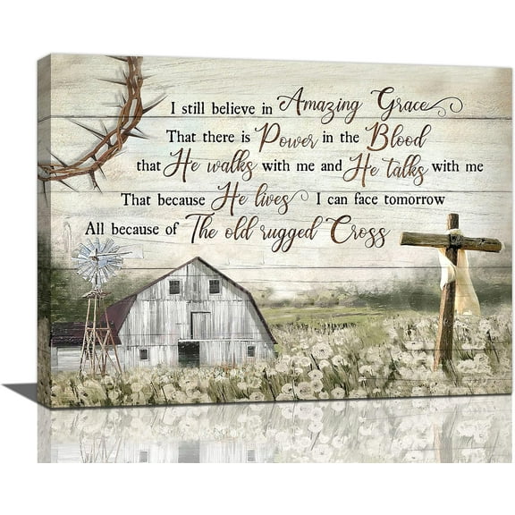 Christian Wall Art Barn Windmill Pictures Wall Decor Amazing Grace Canvas Print Home Decorations For Living Room Kitchen Bathroom Bedroom Framed 16"x12"