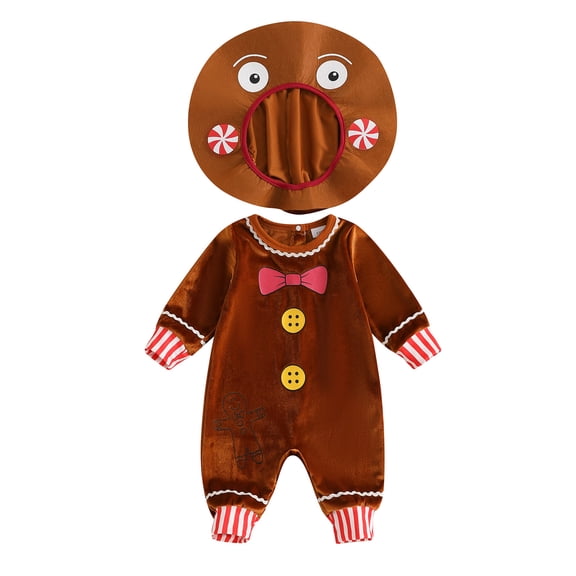 RUINIXCW Toddler Baby Girs Boys Christmas Gingerbread Costume Newborn Baby Christmas Outfit Infant Fall Winter Velvet Romper Long Sleeve Jumpsuit Hat