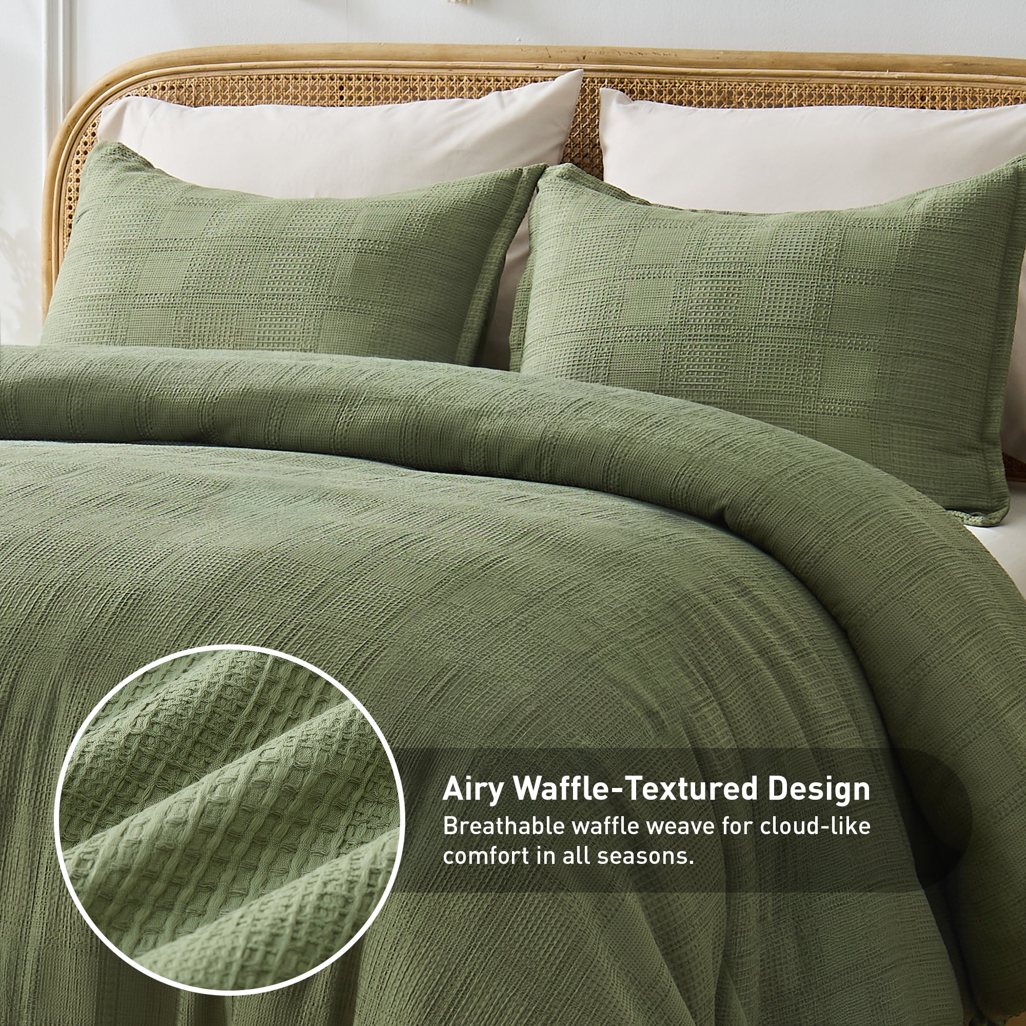 Regency Heights Waffle Weave Duvet Cover Set Full/Queen Size, Breathable Duvet Cover Set for All Season, 3-Piece Textured Bedding Set with Pillow Shams, Green