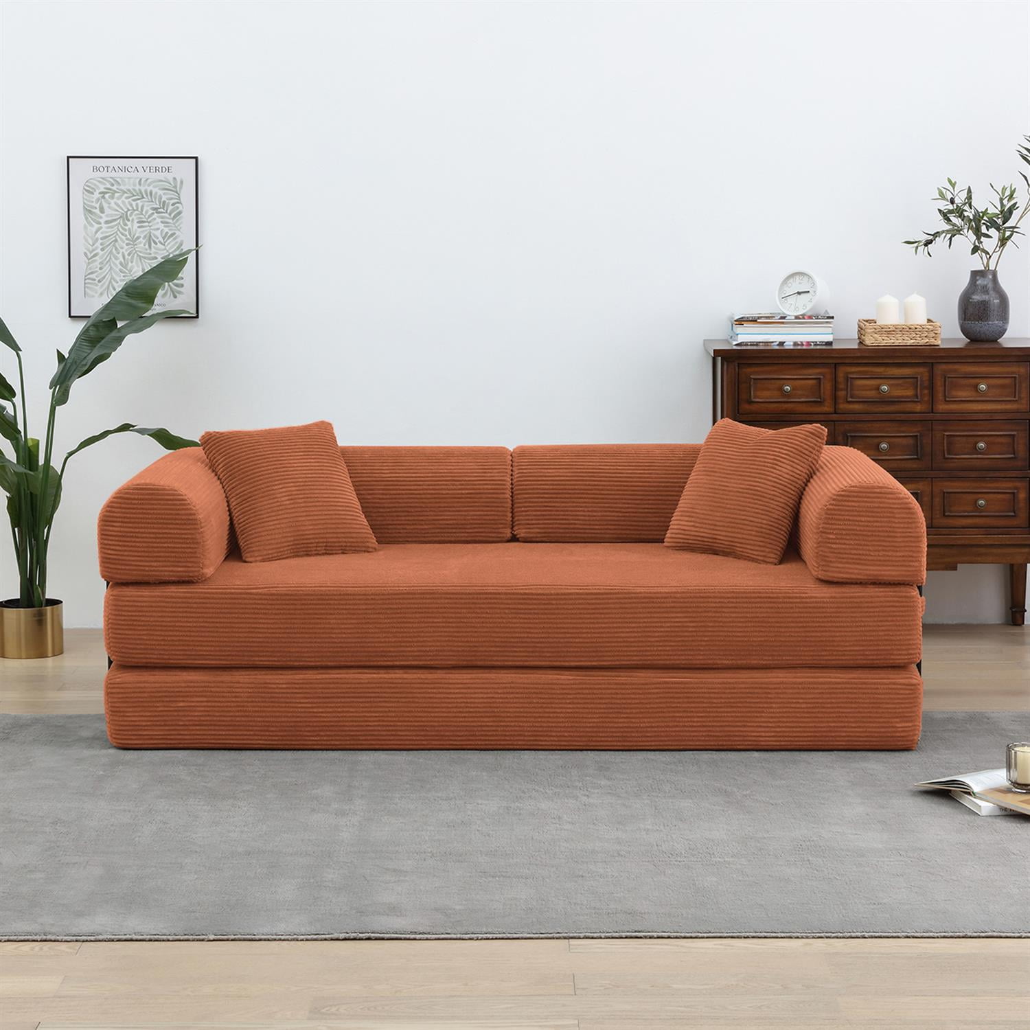 Demi Bonn 77" Convertible Sleeper Sofa Bed, Corduroy Foldable Mattress Couch with Cylindrical Pillow & Fixed Frame for Living Room, Bedroom, Orange