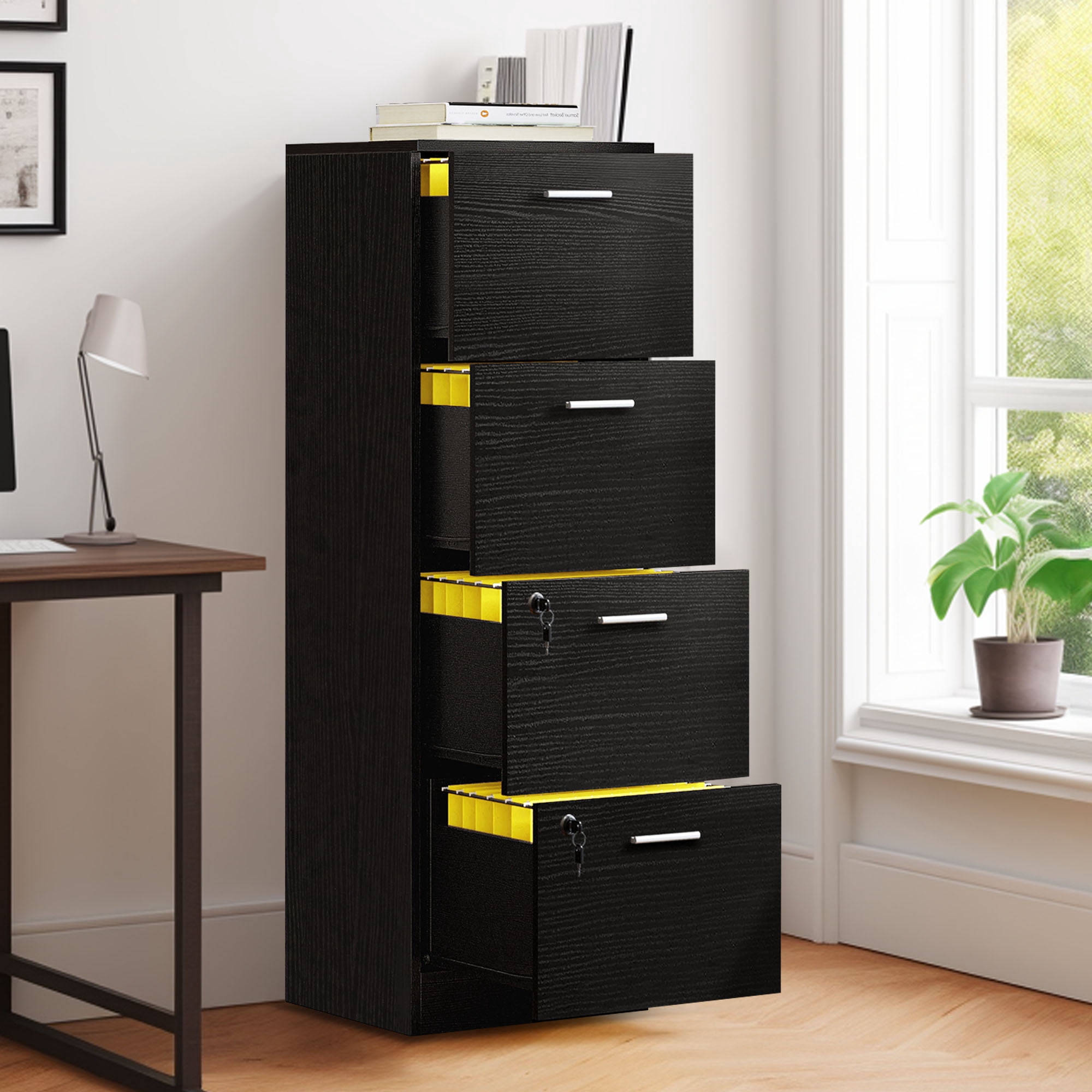 DEXTRUS 4-Drawer Wood File Cabinet with Lock,15.82" Deep Vertical Filing Cabinet for Letter A4-Sized Files, Easy to Assemble, Black