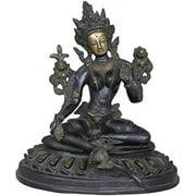 Exotic India Tibetan Buddhist Goddess Green Tara - Brass Statue - Color Black Green Gold Color