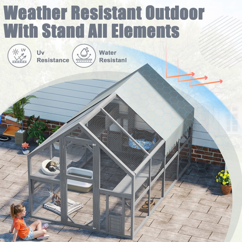 Large Wooden Outdoor Cat Enclosure with 7 Platforms, Resting Boxes & Waterproof UV-Proof Canopy