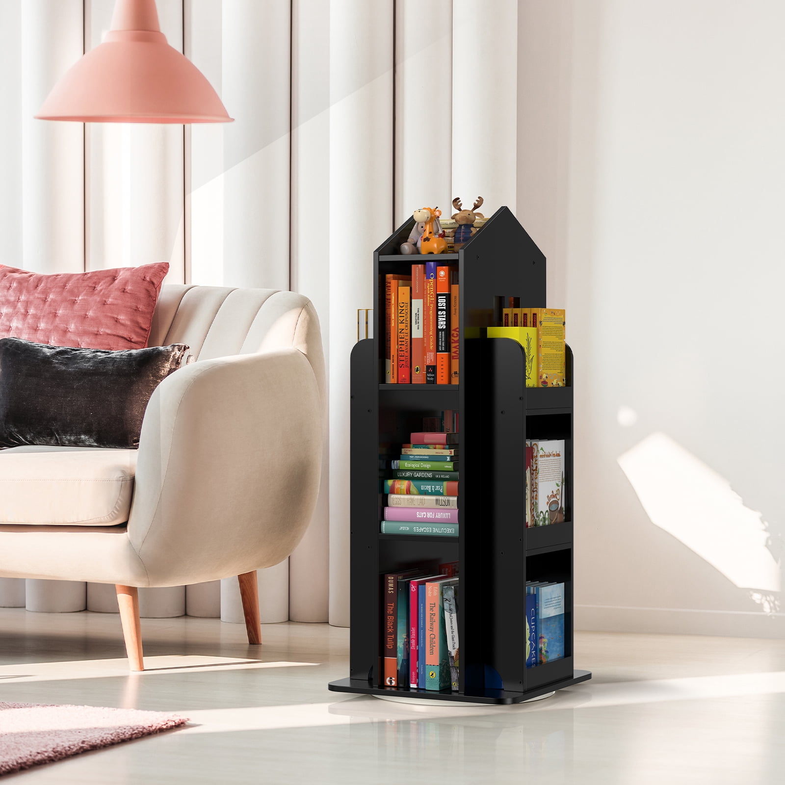 360° Rotating Kids Bookshelf, Black Engineered Wood House-Shaped Bookcase, 38in Tall Storage Organizer for Bedroom, Playroom, Living Room
