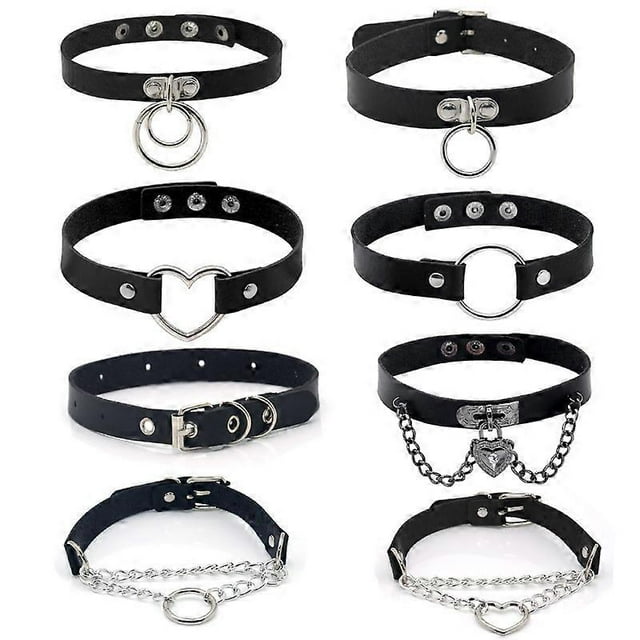 8 Pieces Leather Collars Punk Collars Adjustable PU Leather Collars Set (Black), PU Leather, Alloy