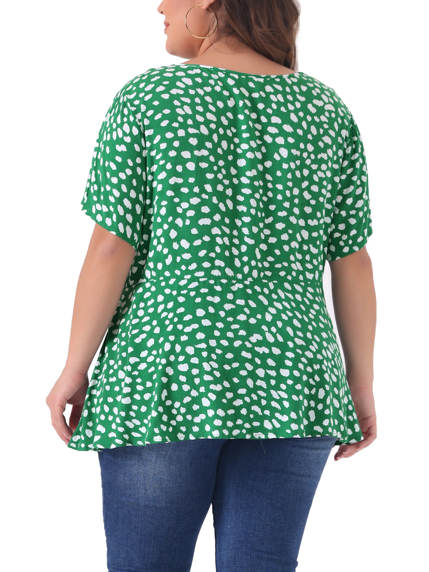 DARING DIVA Women's Plus Polka Dots Crew Neck Peplum Blouse 4X Dark Green