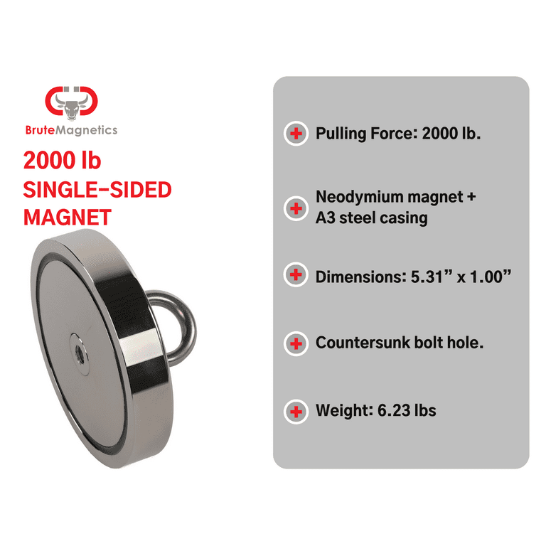 Brute Magnetics 2,000 lb Pull Round Neodymium Magnet with Threaded Hole and Eyelet, 5.31 inch Diameter