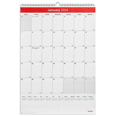 (2 pack )2024 Staples 15 x 22 Wall Calendar Red/White (ST53925-24)