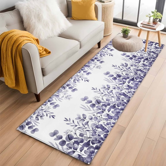 Purple Eucalyptus Leaves 2'x6' Runner Rugs for Hallway Kitchen Bedside Non Slip, Watercolor Spring Summer Botanical Entryway Rug Runners with Rubber Backing, Long Carpet Runner for Laundry Room