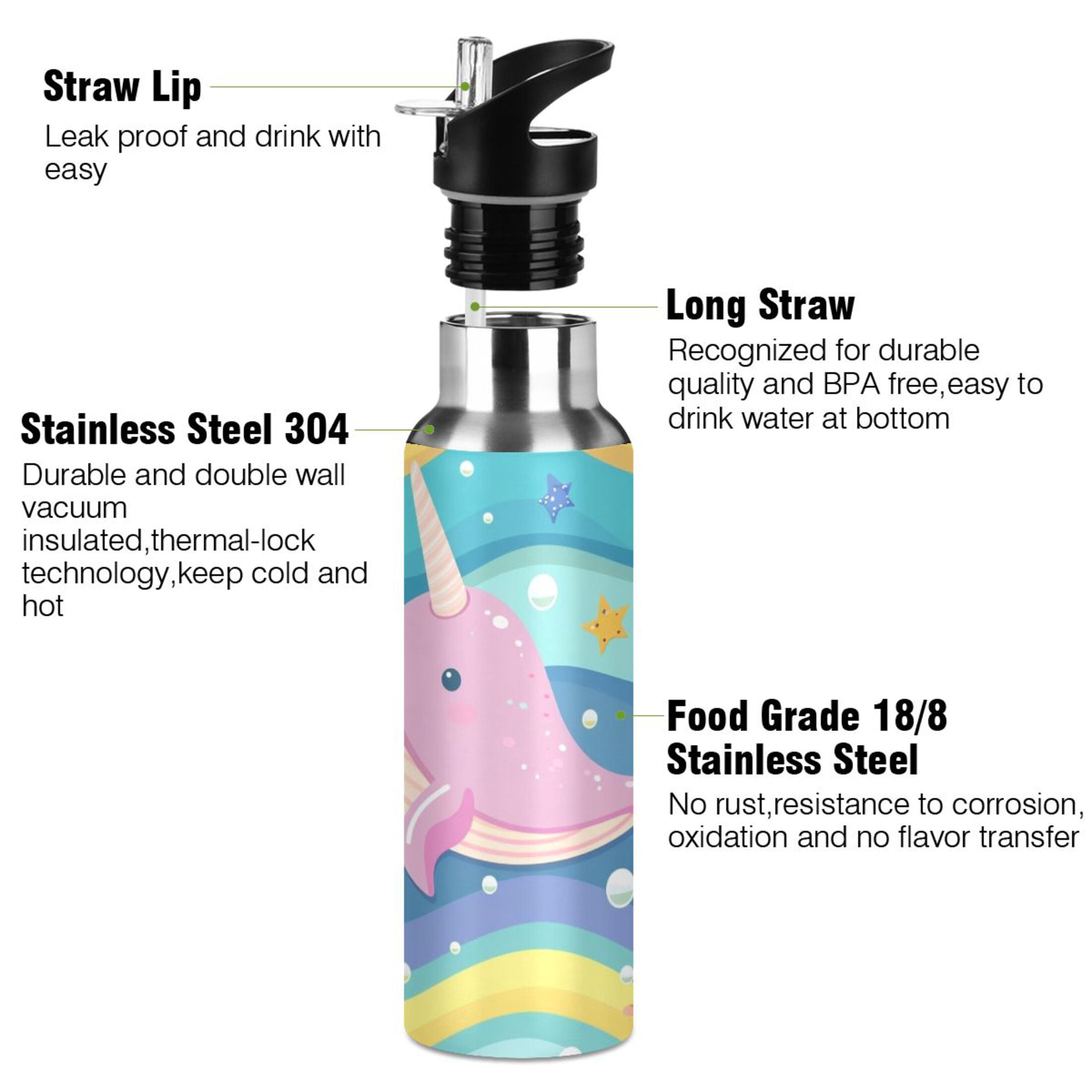 Cute Narwhal Whale Stainless Steel Water Bottle 34oz/1000ml Double Wall Vacuum Insulation Leakproof for Sports Travel