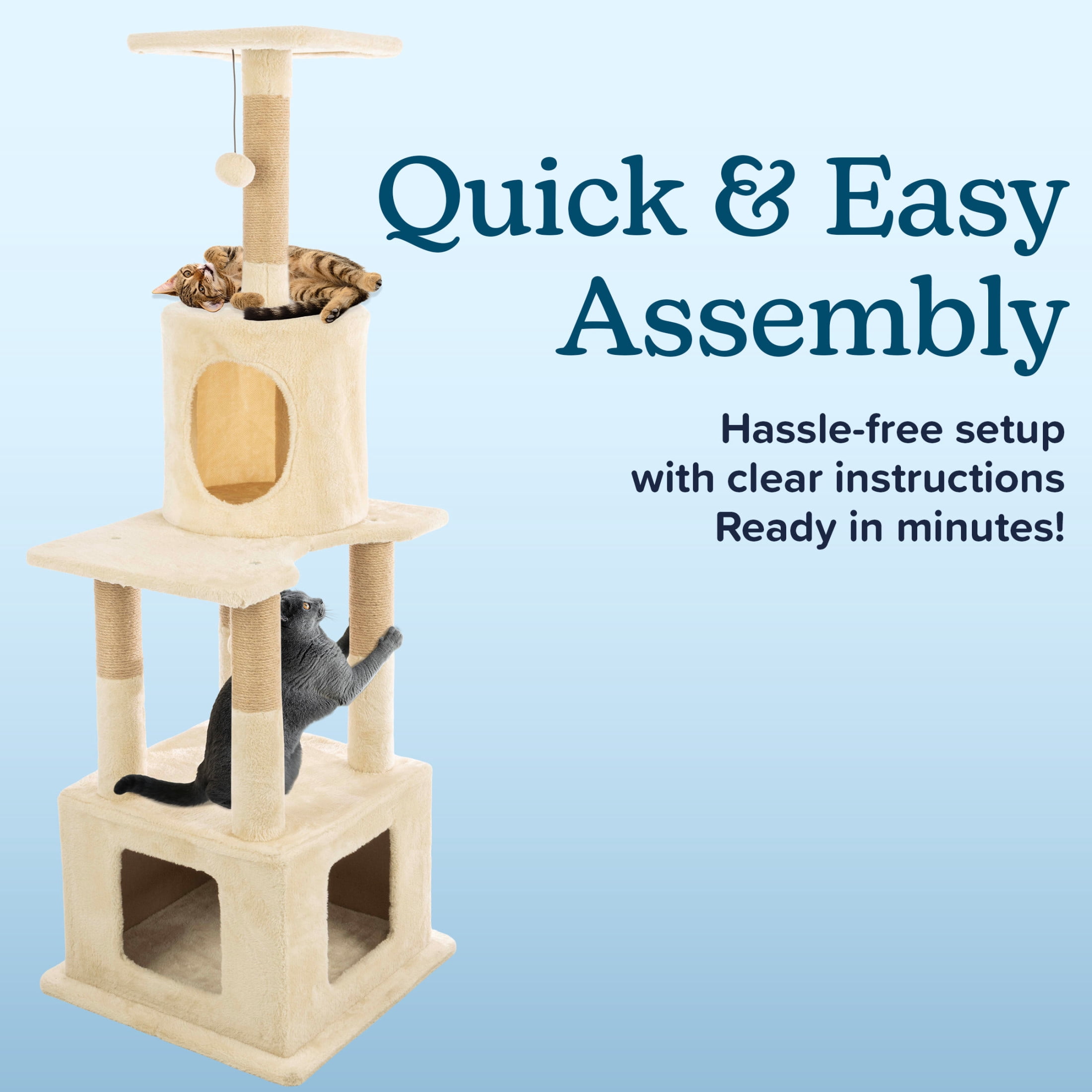 PETMAKER 57in Tall Cat Tree with Kitty Condos, Perches, Scratching Posts, and Hanging Toy (Beige)