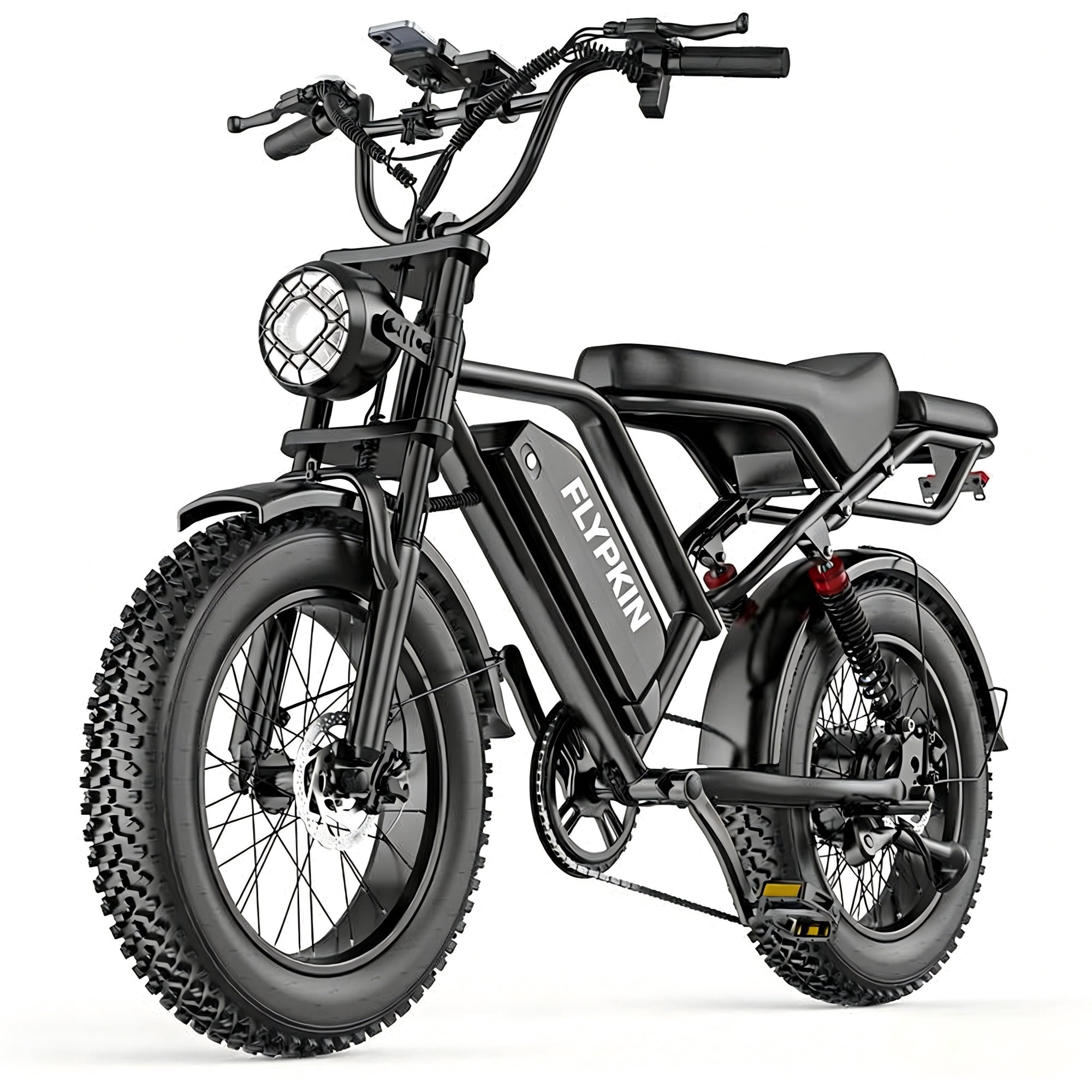FLYPKIN FK20 750W Electric Motorcycle for Adults, 20 MPH Full Suspension Fat Tire Electric Mountain Bike with 48V 18Ah Removable Battery, 40–70 Mile Range, 2-Seater, UL 2849 Certified