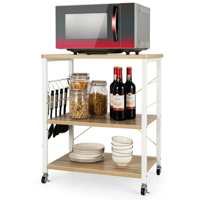 Patiojoy Kitchen Baker's Rack 3-Tier Microwave Cart with Wheels&10 Hooks Maple